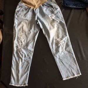 Indigo blue distressed maternity Capri